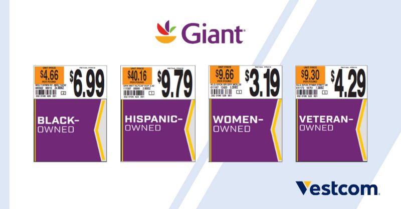 Sample store product price tags indicating if the product is Black-Owned, Hispanic-Owned, Women-Owned, or Veteran-Owned. A purple square is used on the tag to visually make the designations stand out.